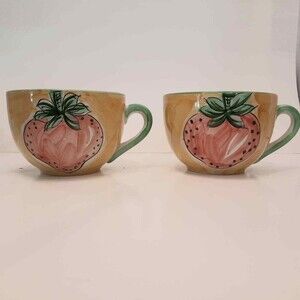 Retired zrike cappacino/coffee mugs hand painted yellow with strawberies
